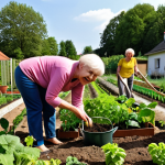 ** A group of diverse neighbors in a German "Gartenverein" (allotment garden association) working together, planting flowers and vegetables. An older woman is smiling as a younger person helps her with a watering can. The scene should evoke a sense of community and "Nachbarschaftshilfe" (neighborly help) in a typical German setting.

**