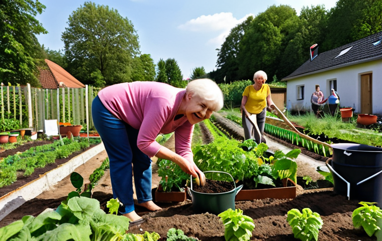 ** A group of diverse neighbors in a German "Gartenverein" (allotment garden association) working together, planting flowers and vegetables. An older woman is smiling as a younger person helps her with a watering can. The scene should evoke a sense of community and "Nachbarschaftshilfe" (neighborly help) in a typical German setting.
**