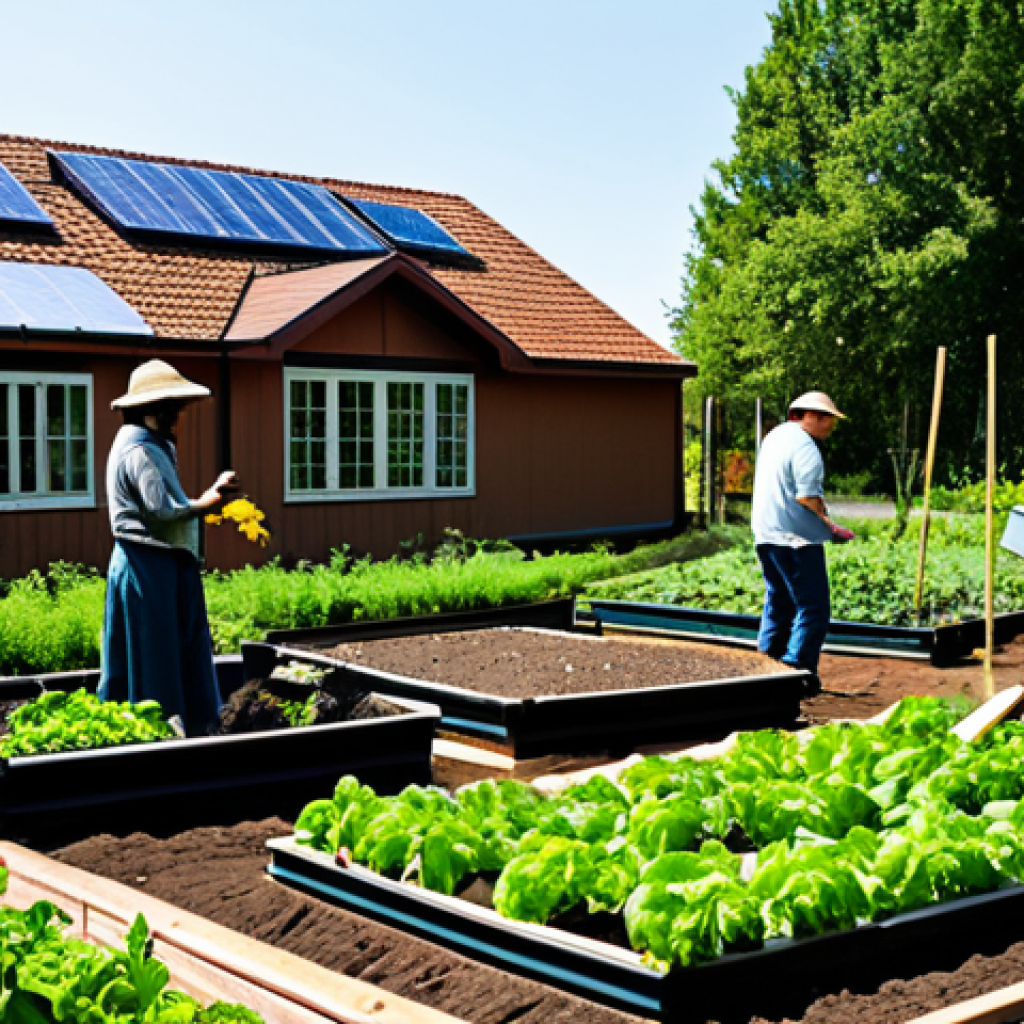 A diverse group of adults, fully clothed in practical and modest gardening attire, collaborating in a thriving permaculture garden. The garden features lush, diverse crops, raised beds, and composting areas, symbolizing regenerative agriculture. In the background, modern, eco-friendly community buildings with visible solar panels. Sunlight filters through the scene, creating a sense of peace and productivity. Perfect anatomy, correct proportions, natural poses, well-formed hands, proper finger count, natural body proportions, safe for work, appropriate content, fully clothed, professional, family-friendly, high quality, professional photography.