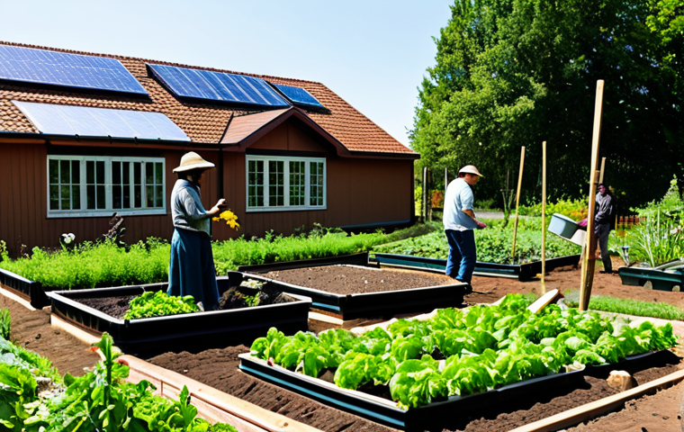 A diverse group of adults, fully clothed in practical and modest gardening attire, collaborating in a thriving permaculture garden. The garden features lush, diverse crops, raised beds, and composting areas, symbolizing regenerative agriculture. In the background, modern, eco-friendly community buildings with visible solar panels. Sunlight filters through the scene, creating a sense of peace and productivity. Perfect anatomy, correct proportions, natural poses, well-formed hands, proper finger count, natural body proportions, safe for work, appropriate content, fully clothed, professional, family-friendly, high quality, professional photography.