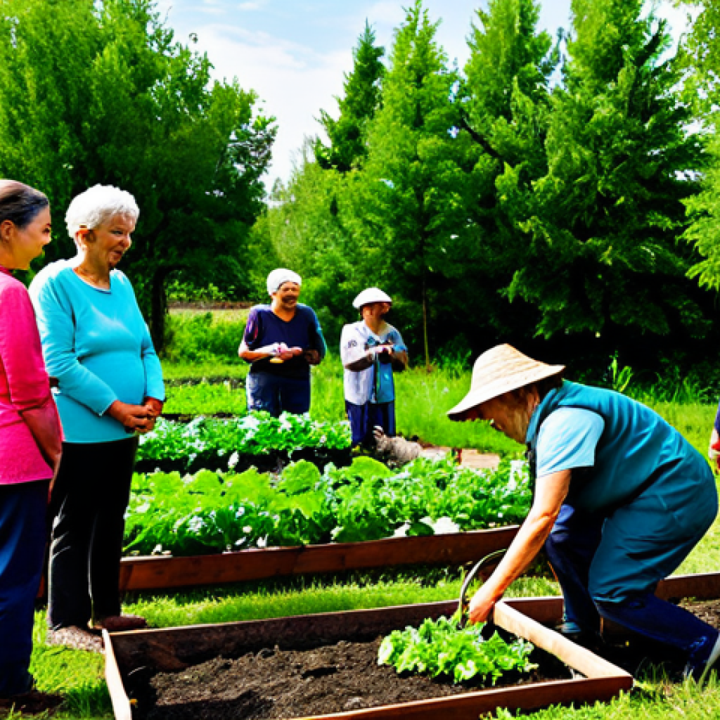 A diverse group of adults of various ages, fully clothed in modest, practical outdoor attire, is collaboratively tending a lush permaculture garden. They are engaged in activities like harvesting fresh vegetables and watering plants, with natural expressions of focus and cooperation. In the background, modern, energy-efficient community buildings with solar panels are visible under a clear sky. The scene emphasizes sustainable living, self-sufficiency, and harmonious communal effort. perfect anatomy, correct proportions, natural pose, well-formed hands, proper finger count, natural body proportions, professional photography, high quality, safe for work, appropriate content, fully clothed, modest, family-friendly.
