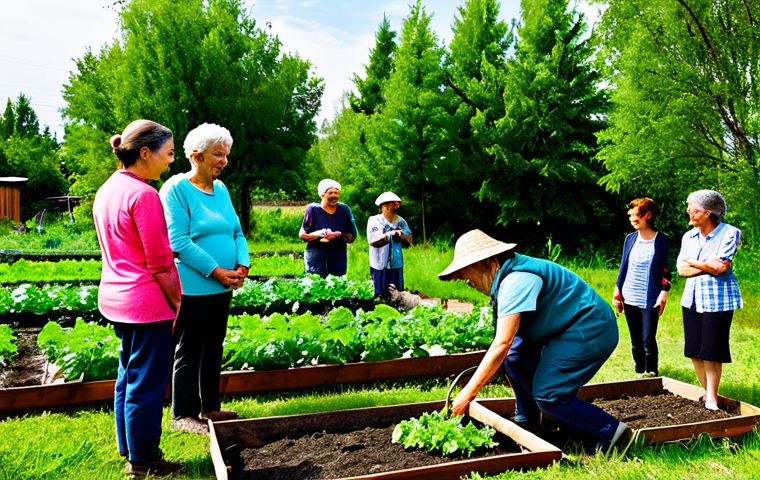 A diverse group of adults of various ages, fully clothed in modest, practical outdoor attire, is collaboratively tending a lush permaculture garden. They are engaged in activities like harvesting fresh vegetables and watering plants, with natural expressions of focus and cooperation. In the background, modern, energy-efficient community buildings with solar panels are visible under a clear sky. The scene emphasizes sustainable living, self-sufficiency, and harmonious communal effort. perfect anatomy, correct proportions, natural pose, well-formed hands, proper finger count, natural body proportions, professional photography, high quality, safe for work, appropriate content, fully clothed, modest, family-friendly.