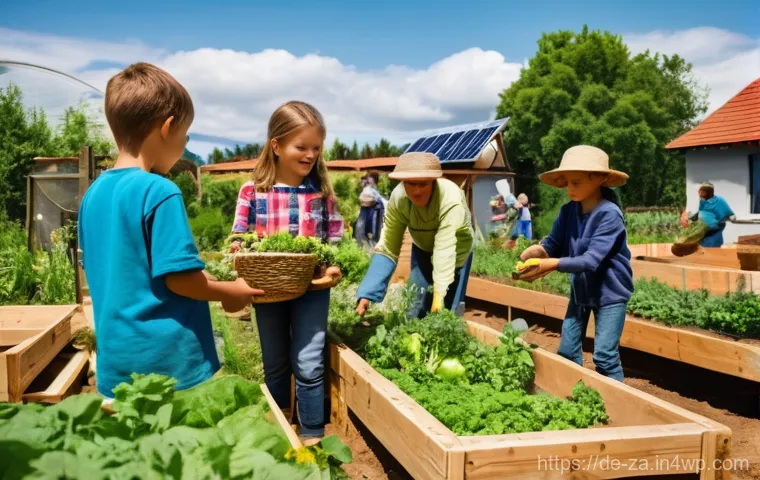 의도적 공동체의 생태적 지속 가능성 - **Prompt:** "A vibrant, diverse eco-community engaging in collaborative construction and gardening. ...