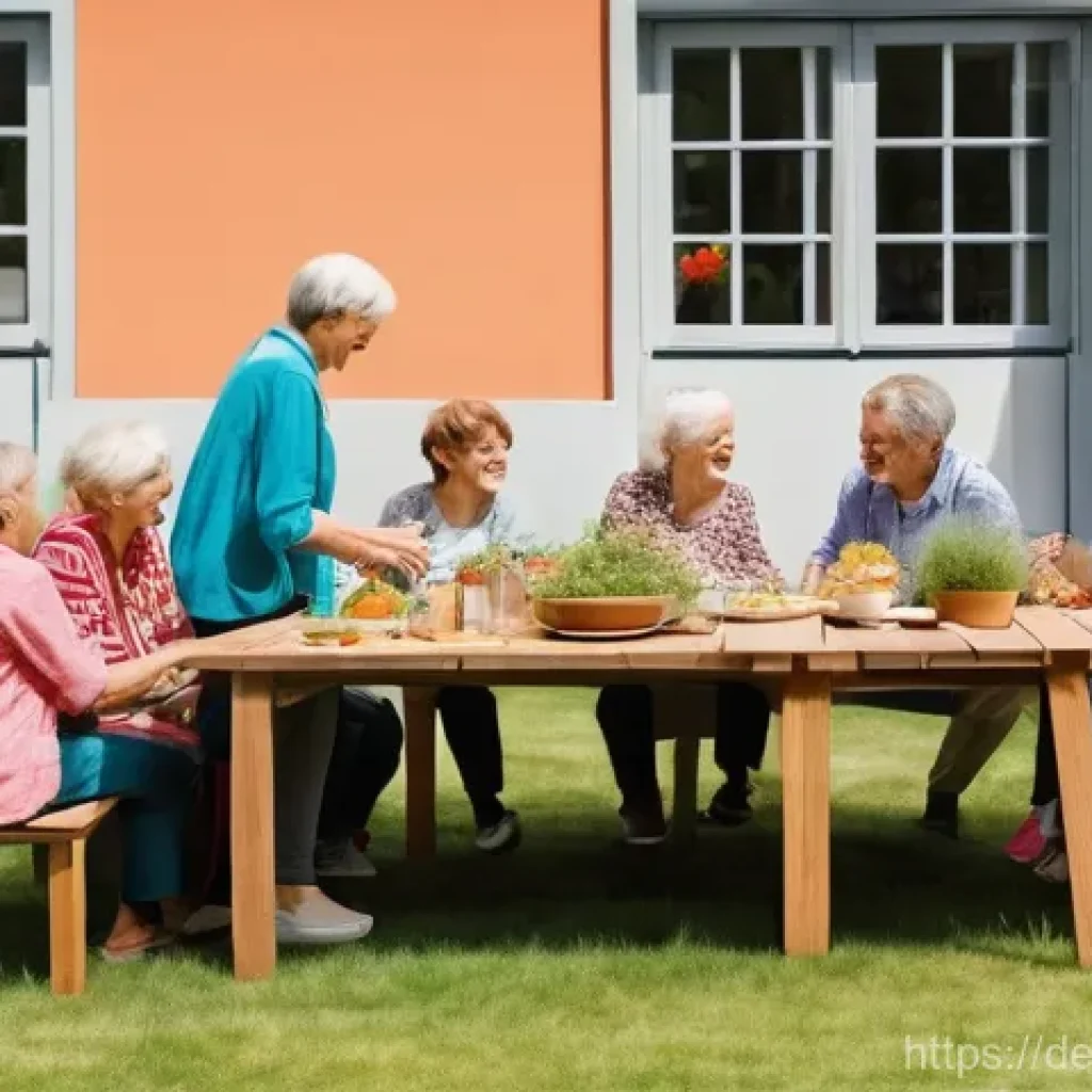 의도적 공동체의 자아실현 기회 제공 방안 - **A vibrant multi-generational cohousing community gathering in a sunny, modern German village squar...
