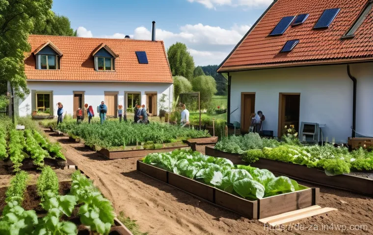 의도적 공동체의 자아실현 기회 제공 방안 - **A vibrant multi-generational cohousing community gathering in a sunny, modern German village squar...