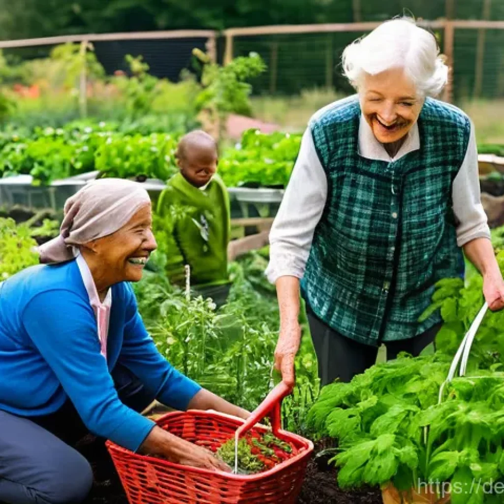 의도적 공동체의 스포츠 및 레크리에이션 활동 - **Community Garden Harvest with Intergenerational Joy:**
    "A vibrant, sun-drenched scene in a lus...