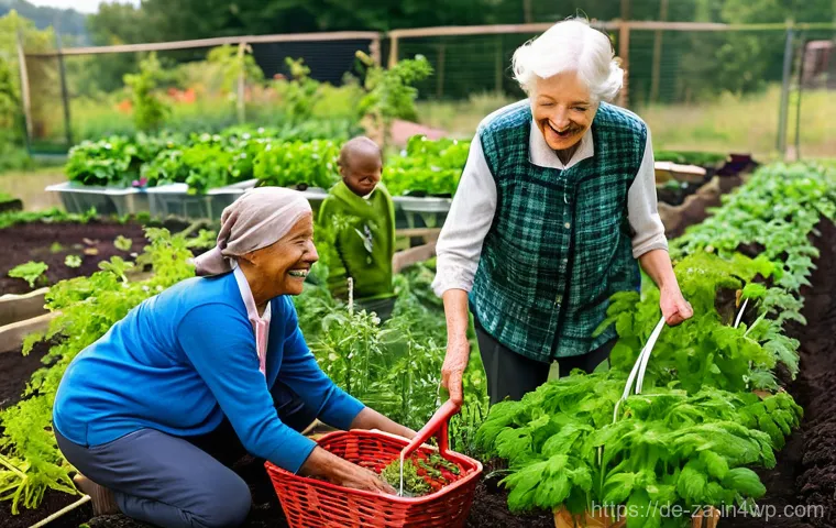 의도적 공동체의 스포츠 및 레크리에이션 활동 - **Community Garden Harvest with Intergenerational Joy:**
"A vibrant, sun-drenched scene in a lus...