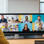 Home 20 의도적 공동체의 소셜 미디어 활용 전략 - A diverse group of adults in a cozy, modern virtual meeting room, engaged in a lively Zoom video con...