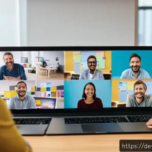 Home 32 의도적 공동체의 소셜 미디어 활용 전략 - A diverse group of adults in a cozy, modern virtual meeting room, engaged in a lively Zoom video con...