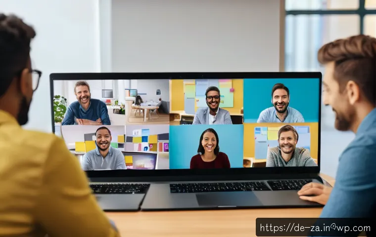 의도적 공동체의 소셜 미디어 활용 전략 - A diverse group of adults in a cozy, modern virtual meeting room, engaged in a lively Zoom video con...